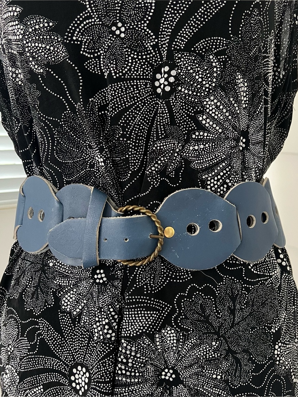 Vintage Blue leather button shaped funky belt with gold hardware